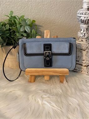 COACH Light Blue Wristlet Wallet with Black Leather Trim